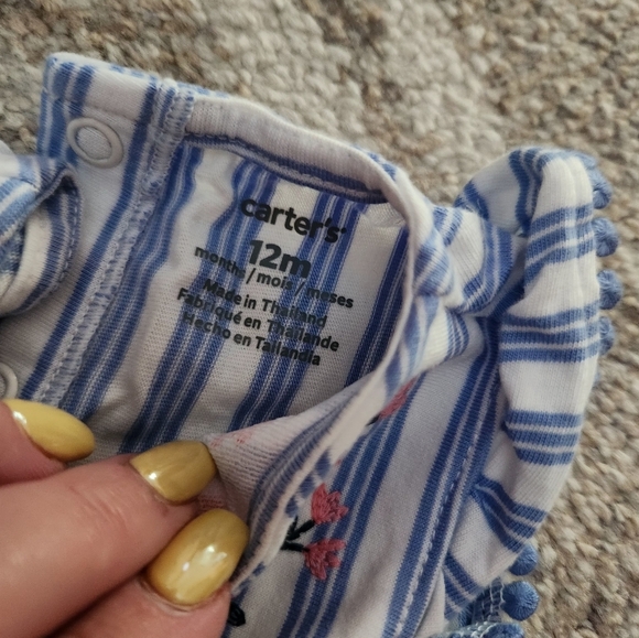 Blue Striped Kids Outfit with Floral Embroidery - Picture 2 of 2